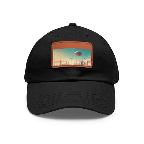 Futuristic white baseball cap with urban skyline patch.