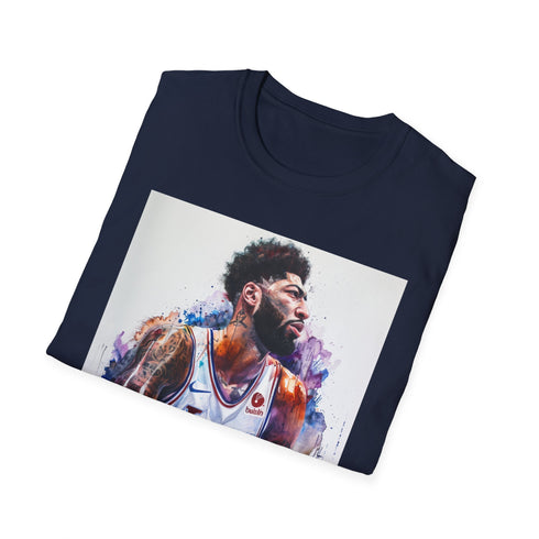 Charcoal cotton T-shirt featuring watercolor portrait of Anthony Davis with unibrow