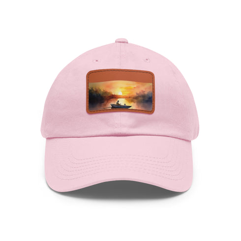 Unisex cotton baseball cap with sunset design on light brown patch.