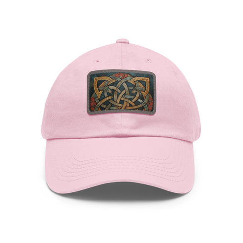 White cotton Celtic knot baseball cap with light brown patch.