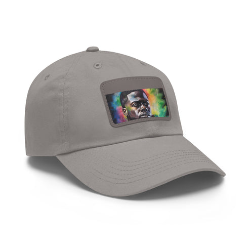 Neon watercolor Kevin Hart hat with light brown patch.