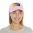 Neon colors Margot Cap with light brown patch, rectangle shape.