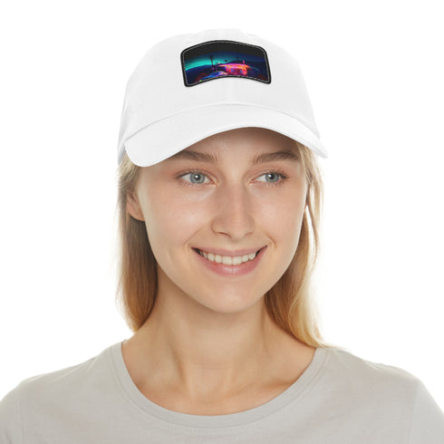 Neon watercolor charm baseball cap in white with light brown rectangle patch.