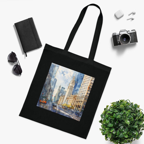 Chicago Skyline Watercolor Souvenir Tote Bag in Black Cotton.