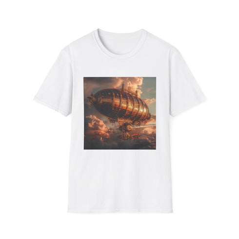 Steampunk airship voyage design on charcoal unisex t-shirt.