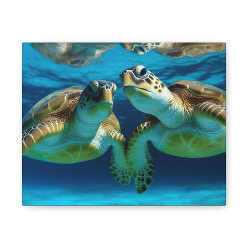 Turquoise Turtles Swimming Among Vibrant Coral - Canvas Print