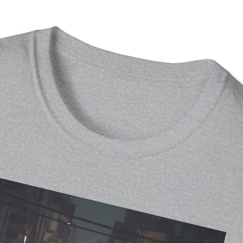 Charcoal cotton crew neck t-shirt with vibrant neon Bangkok nightlife design