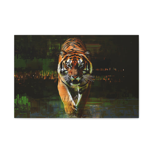 Tiger Emerging from Digital Glitch Stretched Canvas Wall Art