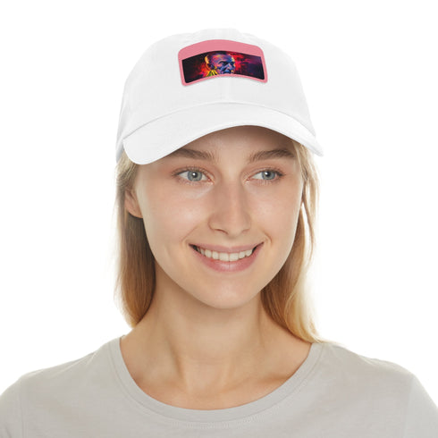 Vibrant neon baseball cap with light brown patch, rectangle shape.