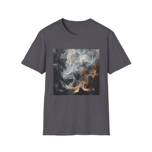Abstract charcoal smoke art t-shirt in size S for men and women.