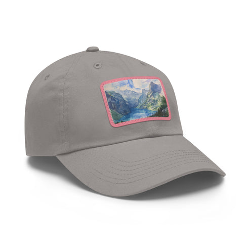 Swiss Alps watercolor baseball cap in white with light brown patch.
