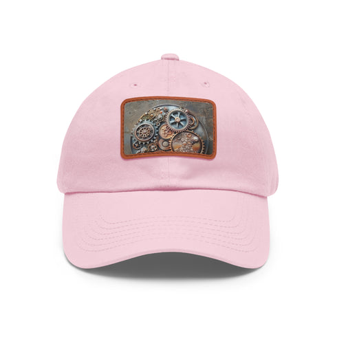 Steampunk baseball cap with gear and cog design on light brown patch.