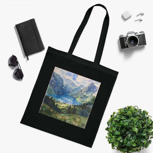 Alpine Majesty Tote Bag black cotton mountains tote DTG accessory.