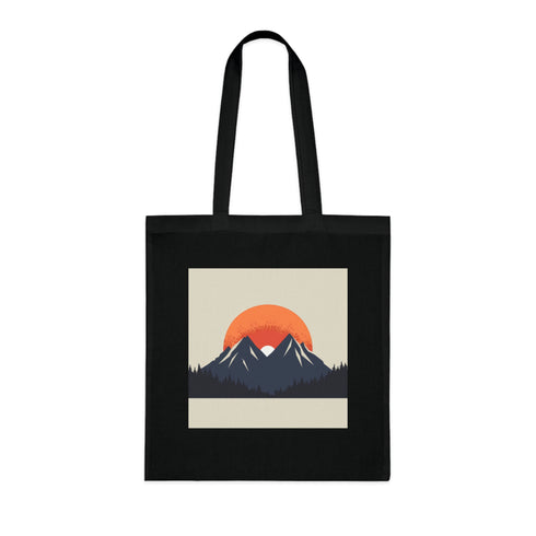 Alpine Glow Black Cotton Tote Bag with Mountain Sunrise Design
