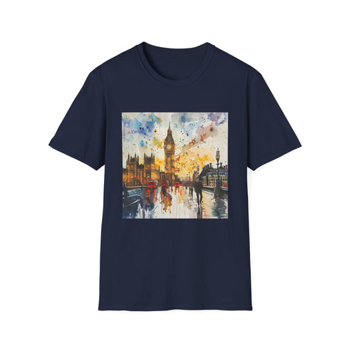 Charcoal cotton T-shirt with Big Ben watercolor design in crew neck style