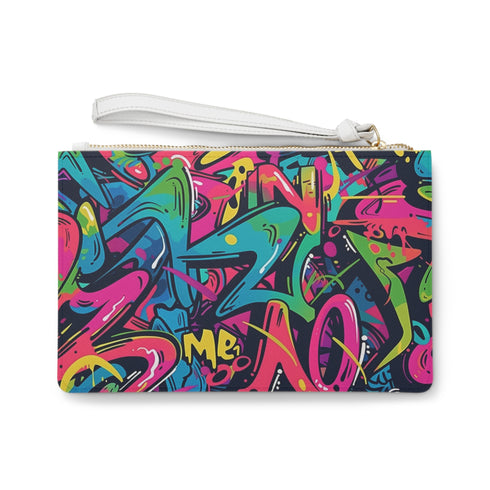 Neon graffiti clutch bag with bold urban print for statement style.