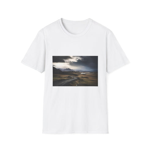 Charcoal crew neck T-shirt capturing Iceland's vibrant landscapes on soft cotton