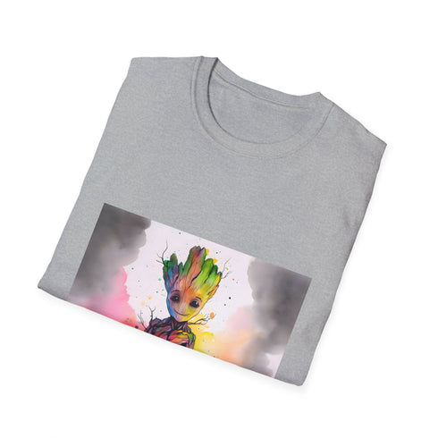 Charcoal cotton T-shirt with vibrant Baby Groot watercolor and neon galaxy design