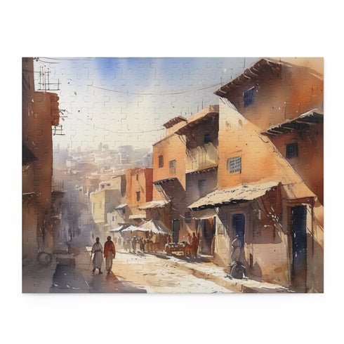Discover the magic of Marrakesh with this vibrant jigsaw puzzle of a bustling marketplace in Morocco - perfect for a relaxing day of puzzling