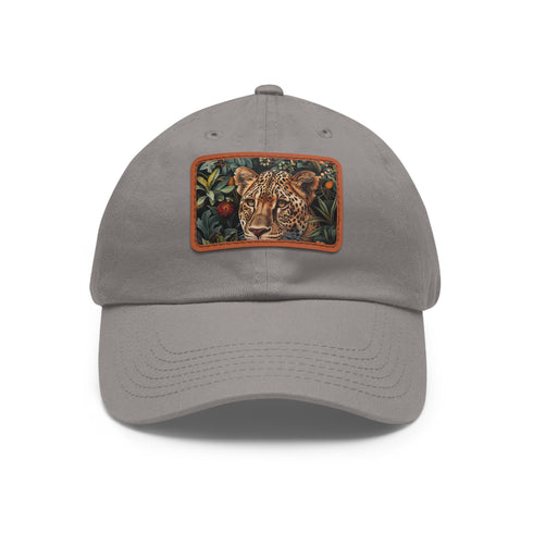 Cheetah print baseball cap with light brown patch.
