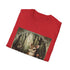 Charcoal cotton crew neck t-shirt featuring woodland animals and vibrant forest scene
