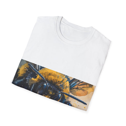 Charcoal cotton t-shirt with vibrant watercolor bumblebee design and crew neck