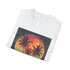 Retro sunset palm tree cotton t-shirt in charcoal, size S.