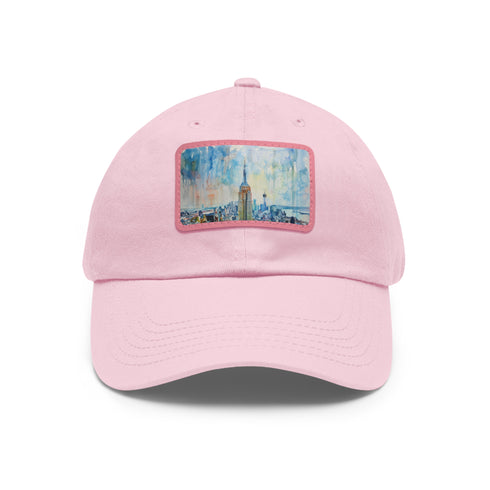 White baseball hat with Empire State Building watercolor design.