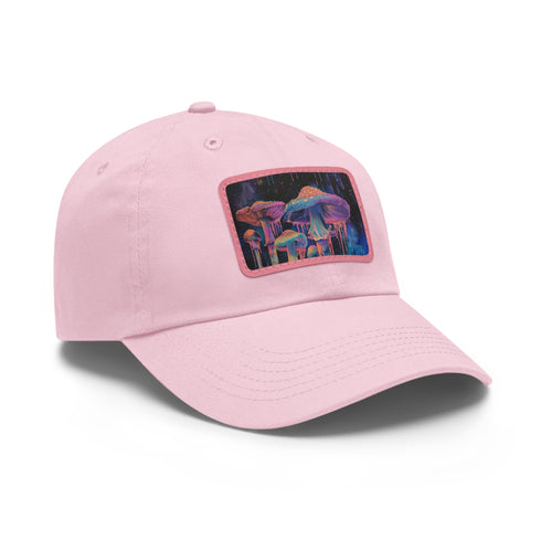 Light brown rectangle cotton hat with psychedelic mushroom design for everyone.