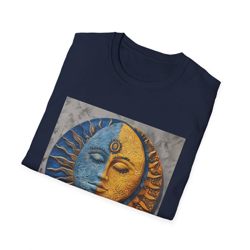 Charcoal cotton T-shirt with intricate mandala design featuring sun and moon