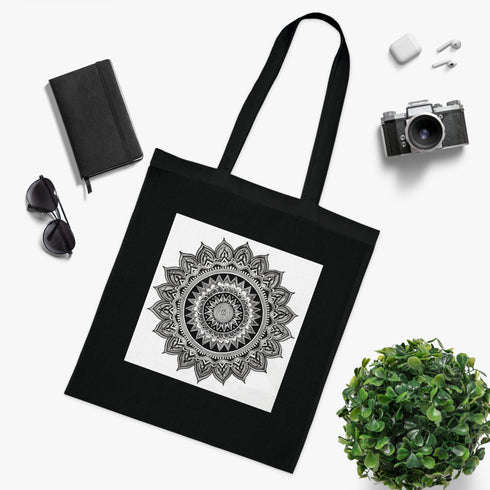 Mandala Serenity Tote Bag, Cotton Black Zen Pattern Tote Accessory.
