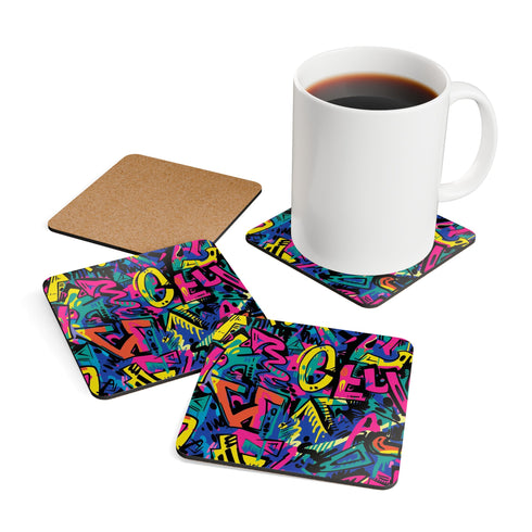 Neon Urban Graffiti Corkwood Coaster Set in Square, One Size