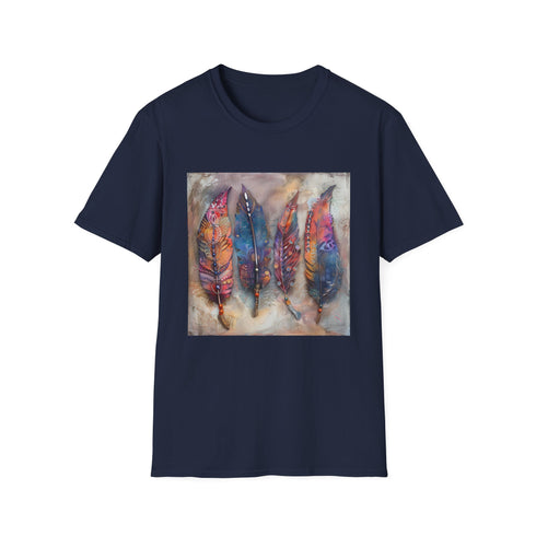 Bohemian charcoal t-shirt with vibrant feather design in soft cotton
