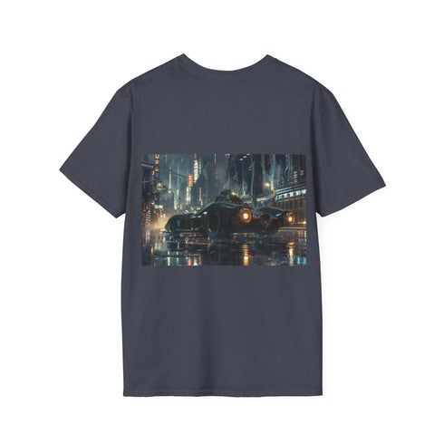 Charcoal cotton crew neck tee with Batmobile and Gotham City graphic