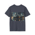 Charcoal cotton crew neck tee with Batmobile and Gotham City graphic