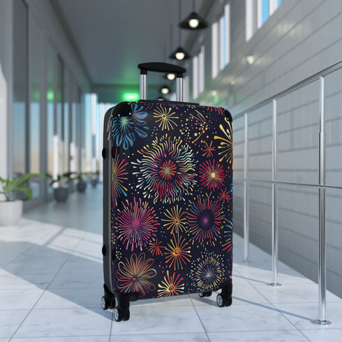 Small black travel bag with vibrant festive fireworks seamless pattern.