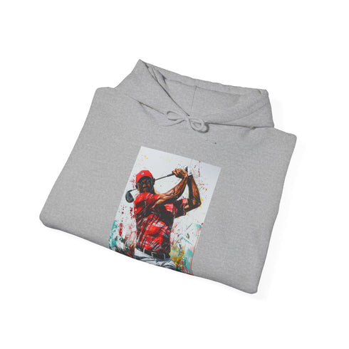 Navy Tiger Woods Hoodie with captivating painting of iconic swing