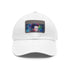 Vibrant watercolor Elon Musk baseball cap in white with light brown patch.