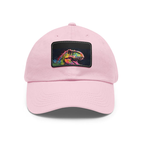 Neon watercolor dinosaur baseball hat with light brown patch.
