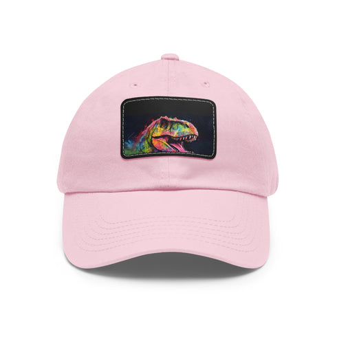 Neon watercolor Trex baseball cap with light brown patch and rectangle.