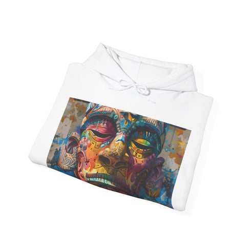 Tribal neon mask navy hoodie for men and women in small size.