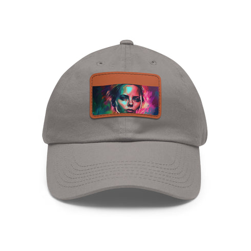 Neon watercolor baseball hat with light brown rectangular patch influencer collaboration.