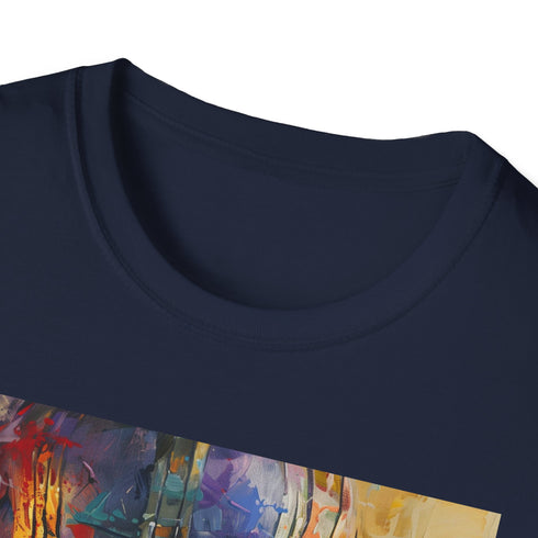 Charcoal cotton T-shirt with vibrant Thanos painting showcasing his cosmic journey