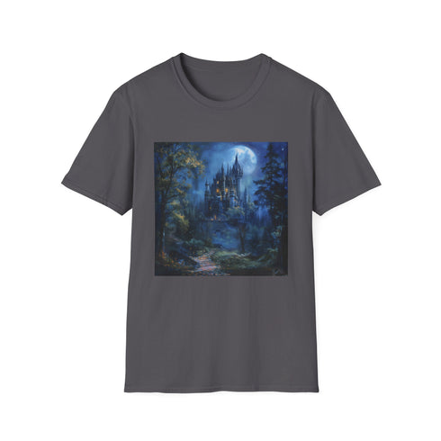 Charcoal cotton T-shirt featuring moonlit castle forest scene regular fit