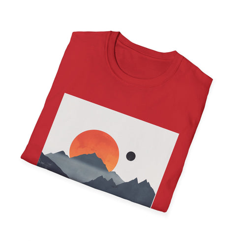 Charcoal cotton t-shirt with minimalist mountain sunrise design