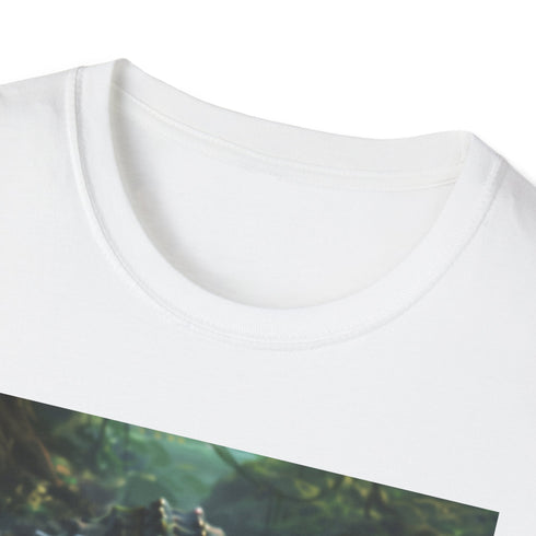 Charcoal crocodile print cotton t-shirt with vivid brushstrokes capturing predator's essence