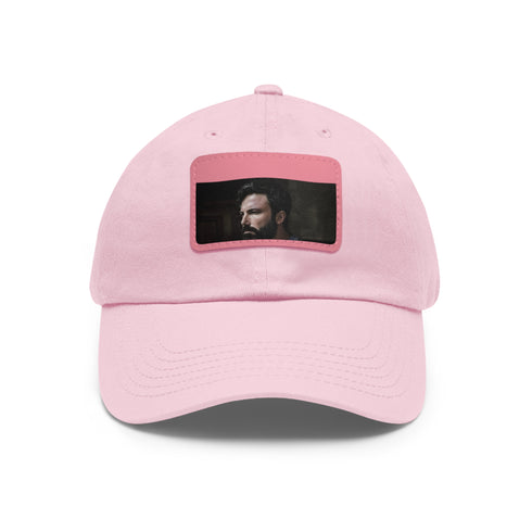 Stylish white cotton hat with light brown rectangle patch.