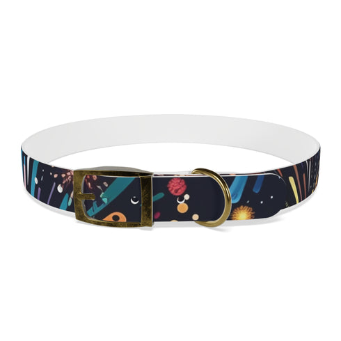 Vibrant black onyx dog collar with festive fireworks pattern.