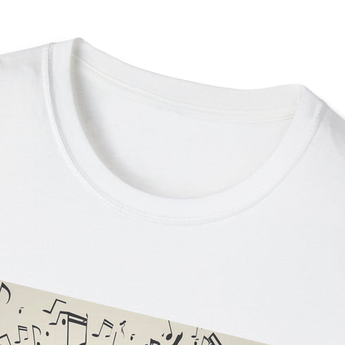 Charcoal dancer silhouette t-shirt with musical notes design, smooth fabric.