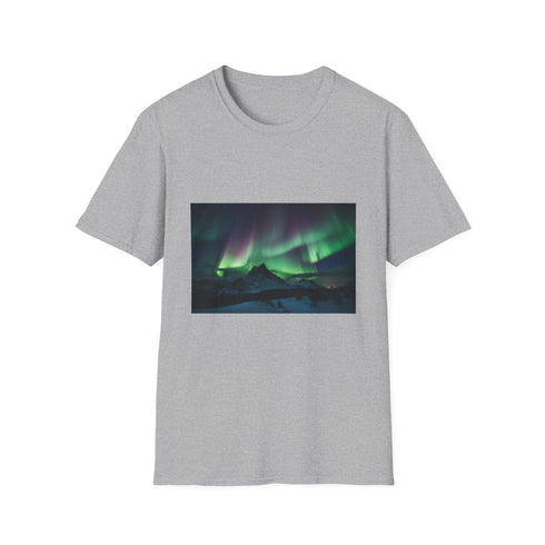 Charcoal cotton crew neck t-shirt featuring vibrant aurora borealis design